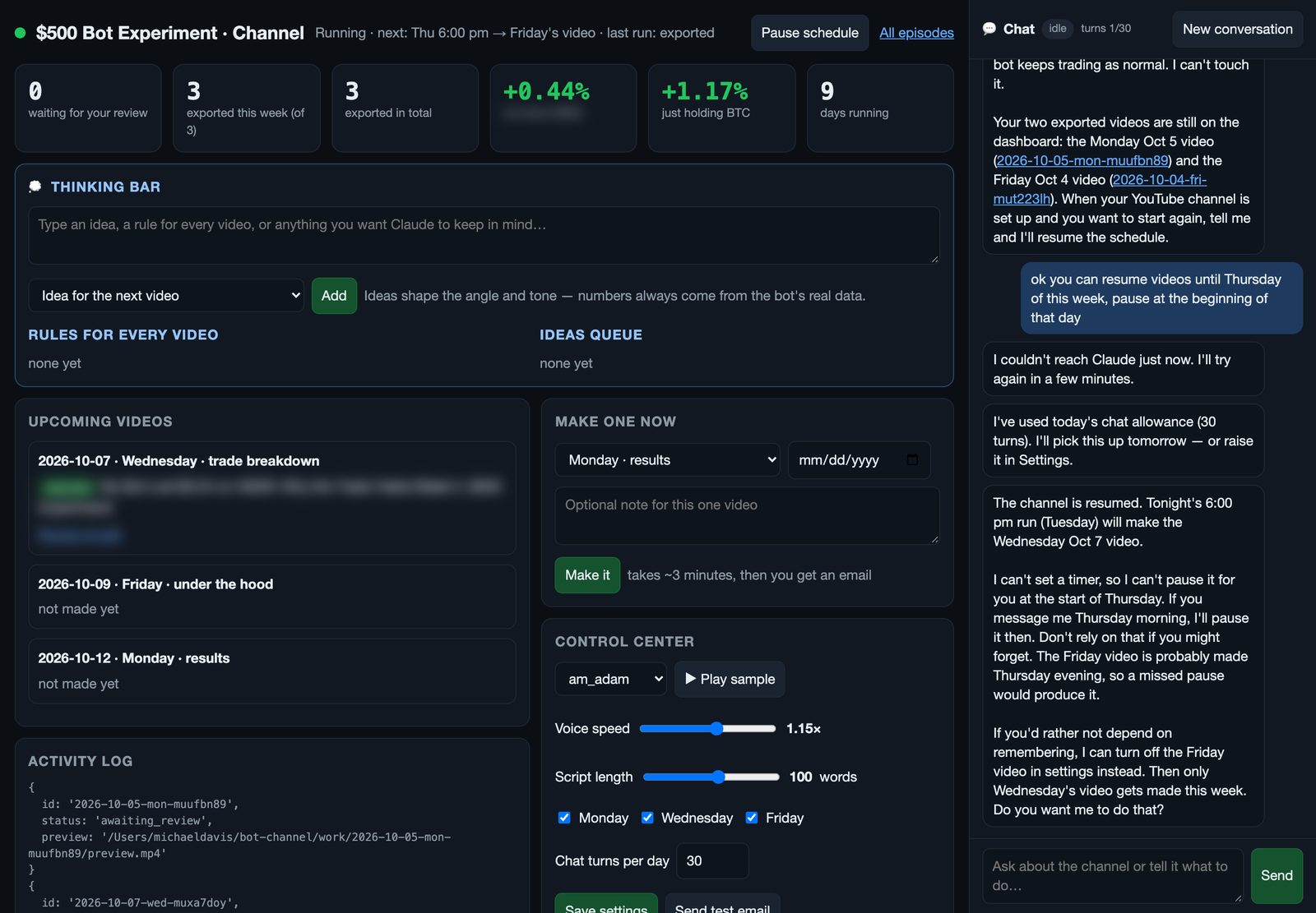 The channel dashboard: upcoming videos, the thinking bar for ideas and rules, voice and look settings, and the chat panel