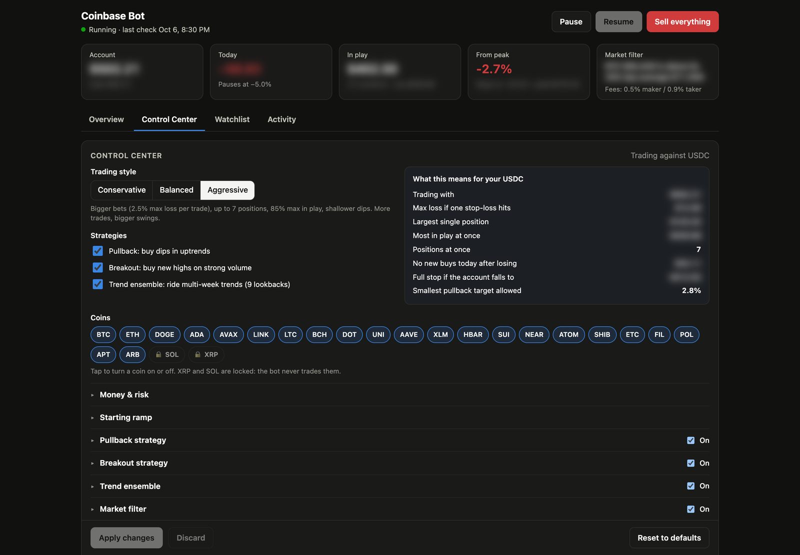 The Control Center: trading style, strategies, coin list with two coins locked, and what the settings mean in practice