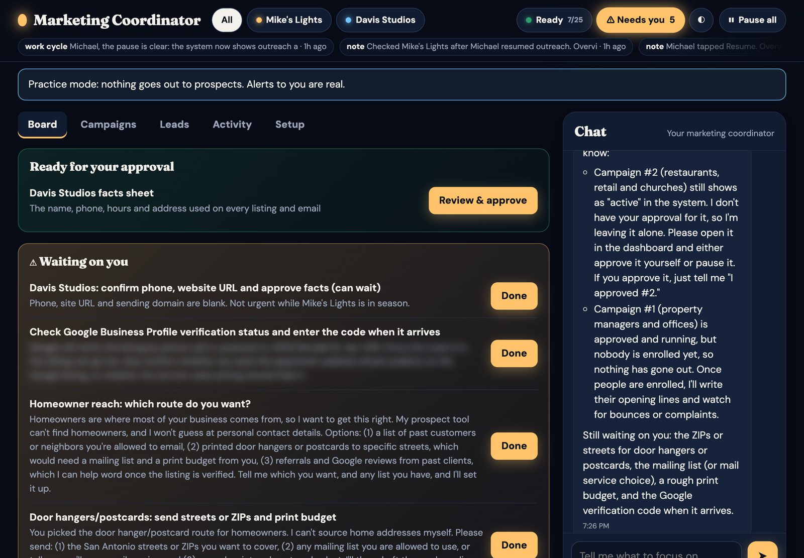 Marketing coordinator dashboard: items ready for approval, questions waiting on the owner, and the chat panel