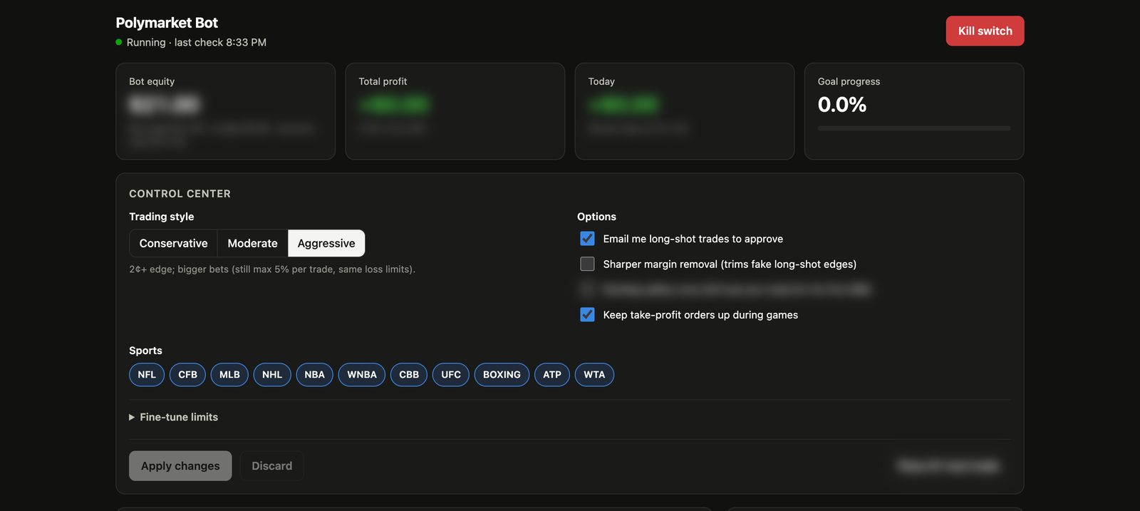 Polymarket bot dashboard: trading style, options such as emailing long shots for approval, and the sports it covers