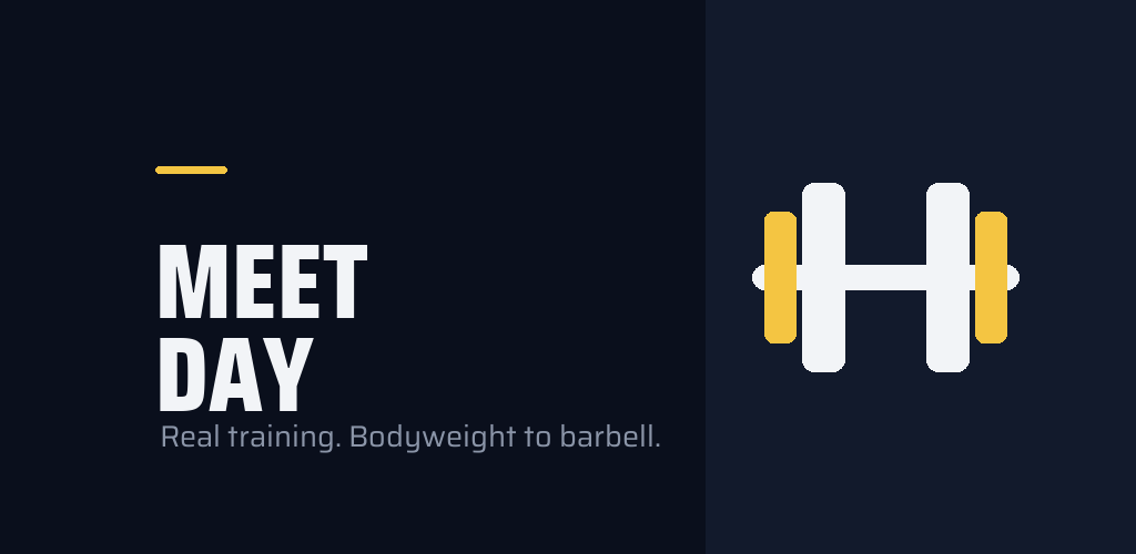 Meet Day store banner: wordmark beside a loaded barbell mark