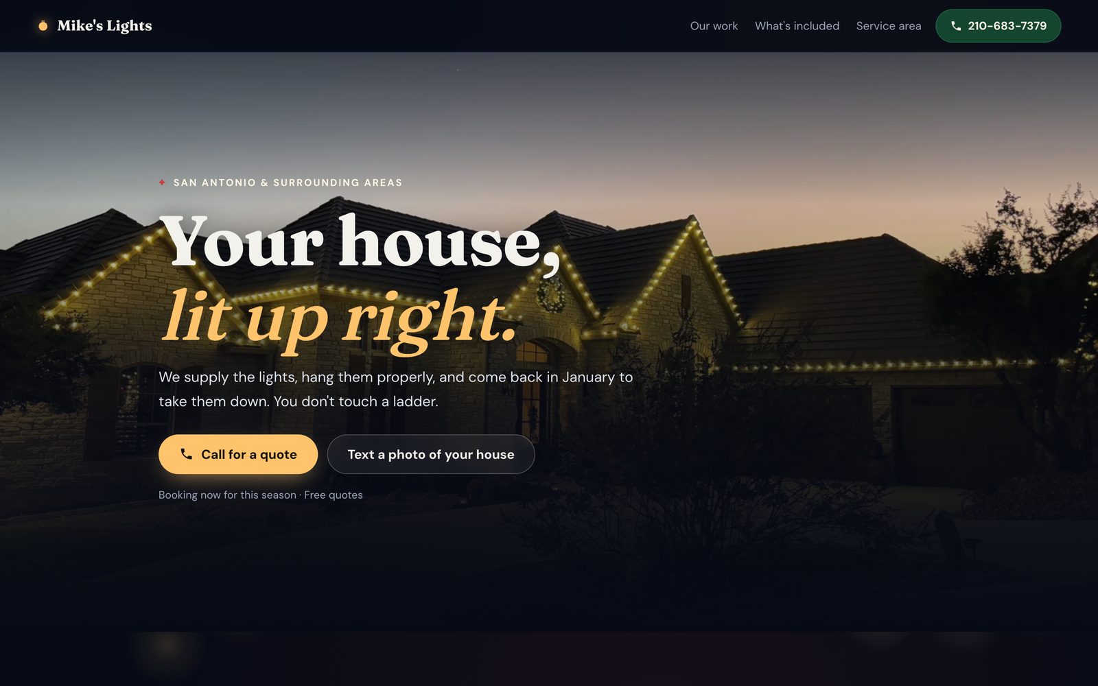 Mike's Lights home page: a stone house outlined in warm white lights at dusk, with call and text buttons