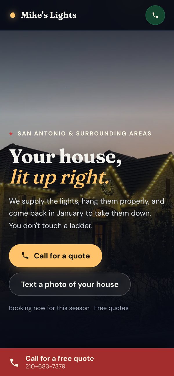 The same page on a phone, with the call bar pinned to the bottom of the screen